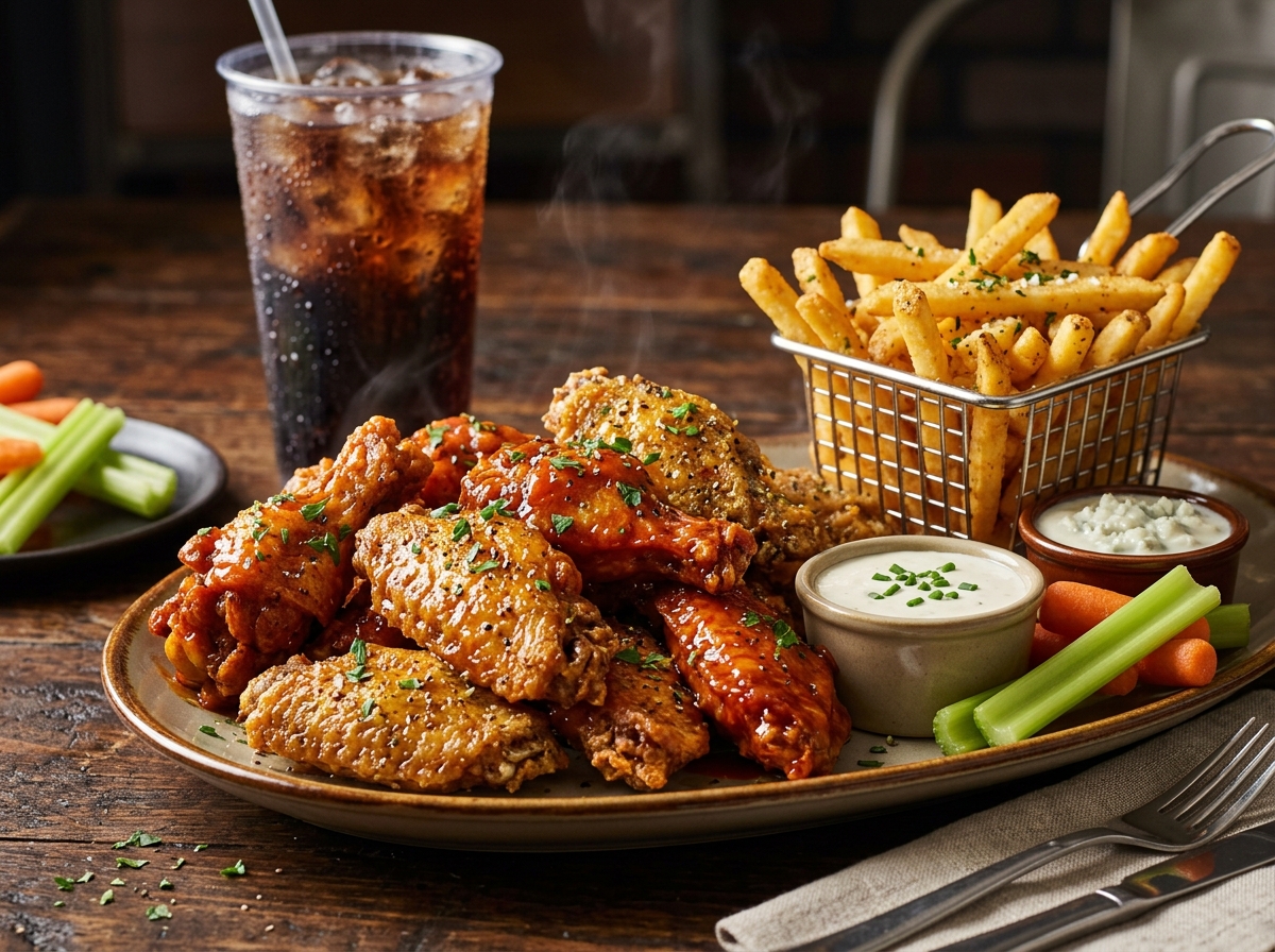 Classic chicken wings with golden fries