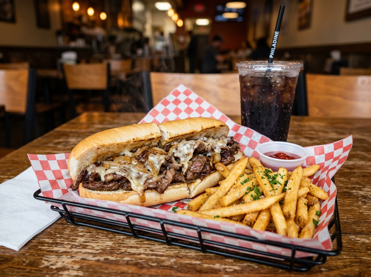 Sizzle hot Philly Cheesesteak combo with golden crispy fries