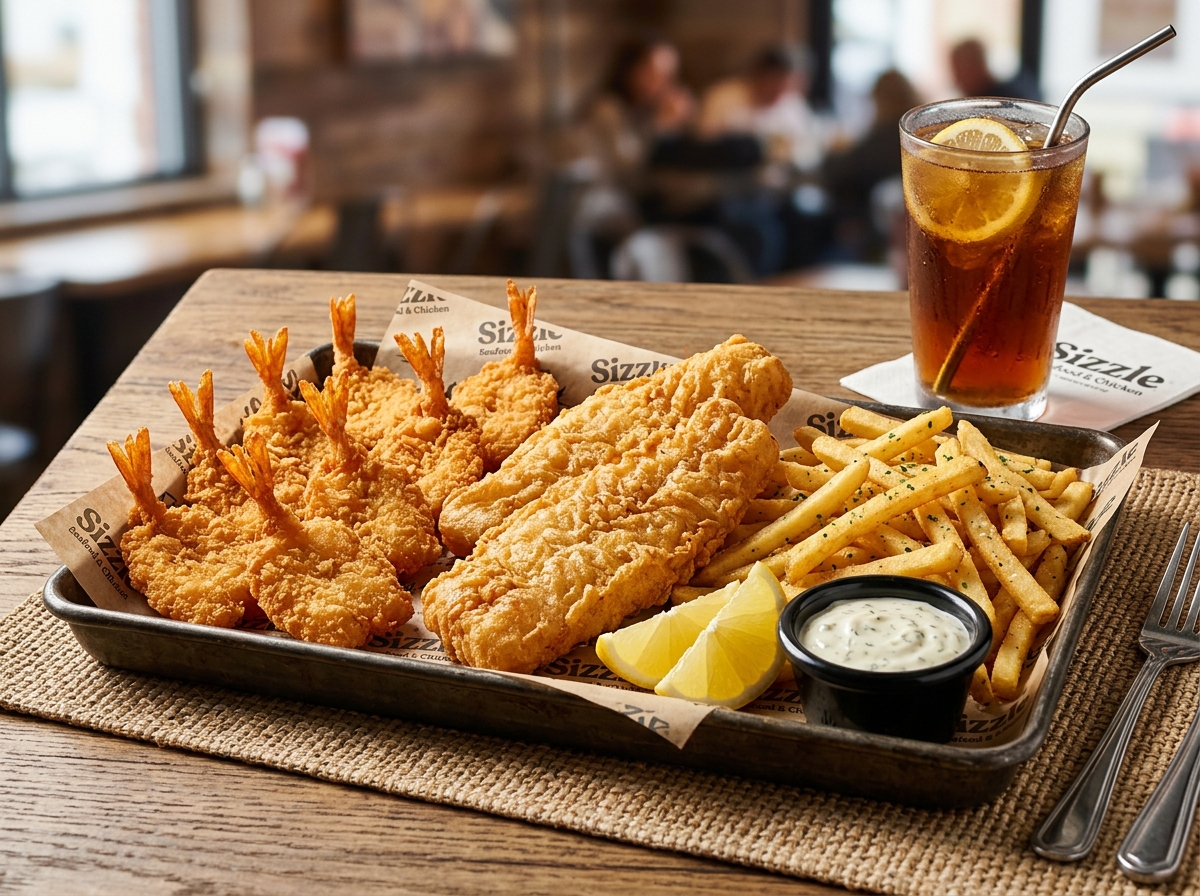 Ten fried butterfly shrimp and two fish fillets with fries
