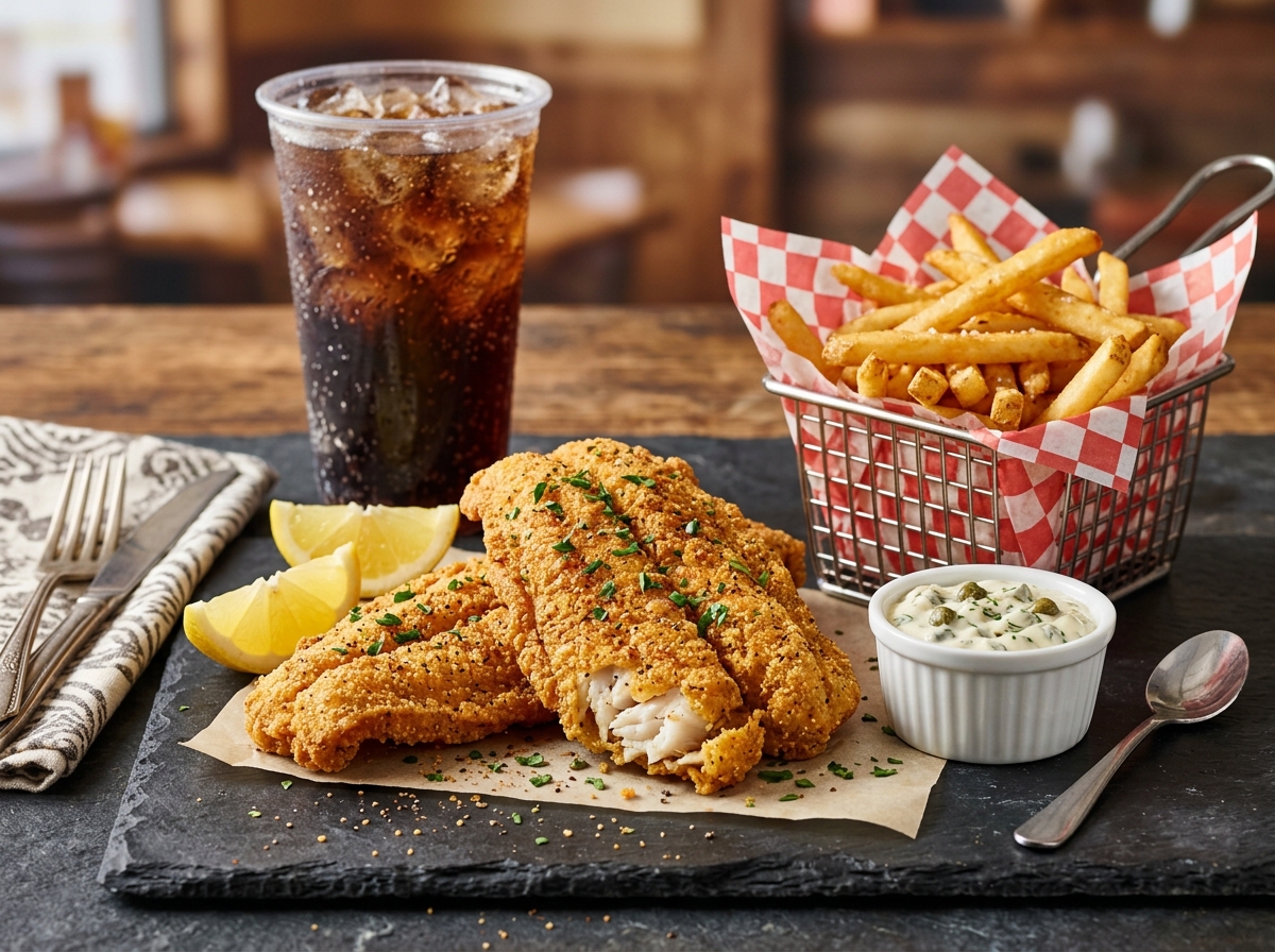 Flaky fried fish fillet with lemon